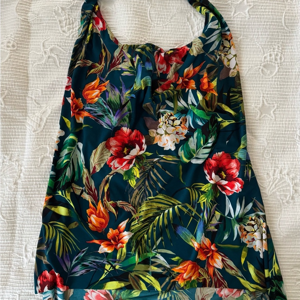 Miraclesuit Teal Tropical Floral Swim Camisole with Red & Orange Flowers